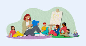 illustration of teacher reading to young students