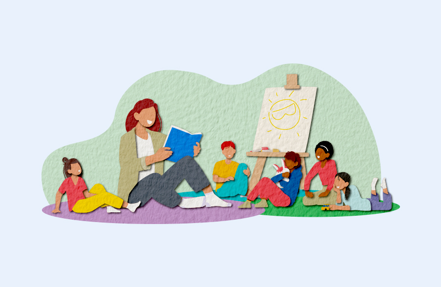 illustration of teacher reading to young students