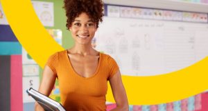 smiling teacher in classroom