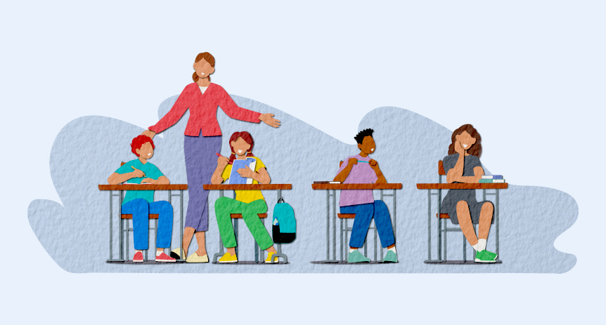 illustration of teacher standing behind students