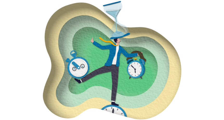 illustration of man juggling lots of clocks and time