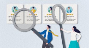 illustration with teachers using large magnifying glasses to search articles