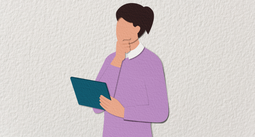 illustration of woman in purple sweater thinking deeply