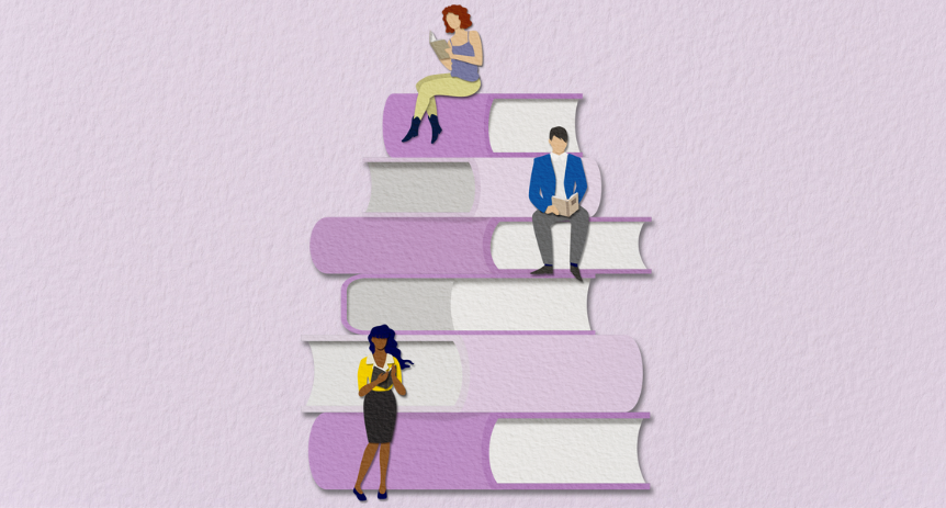 illustration of stacks of books and people sitting on them studying