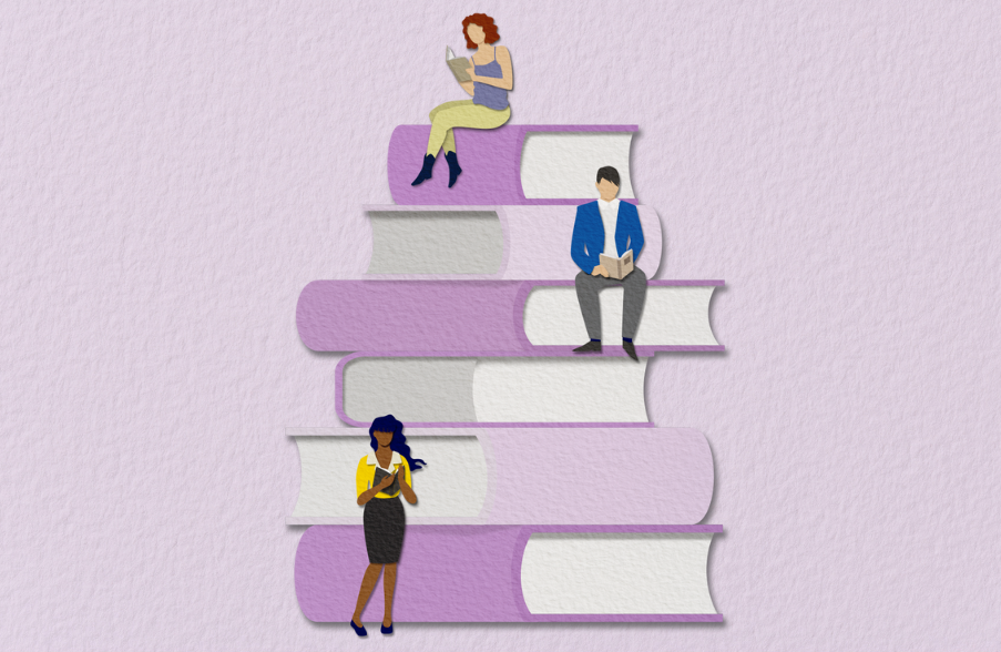 illustration of stacks of books and people sitting on them studying