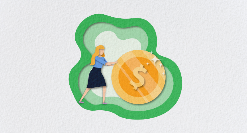 illustration of woman rolling money icon