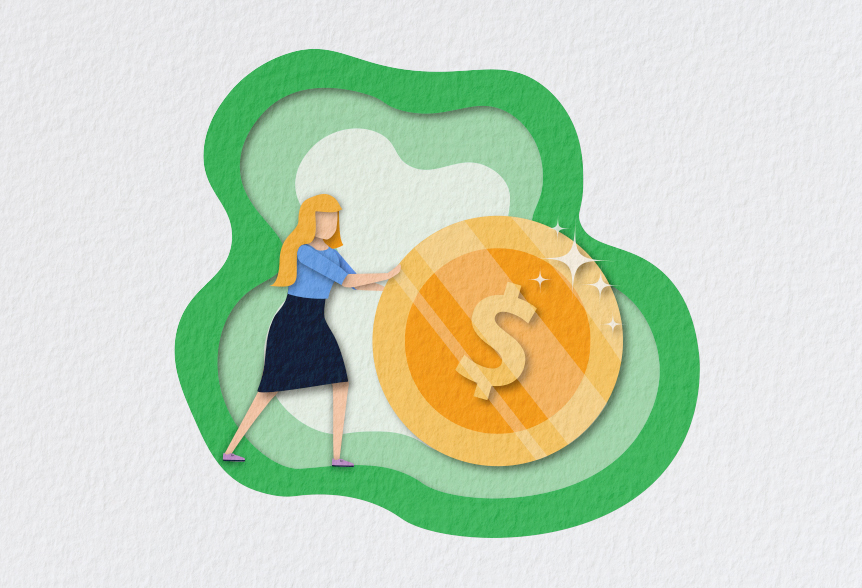 illustration of woman rolling money icon