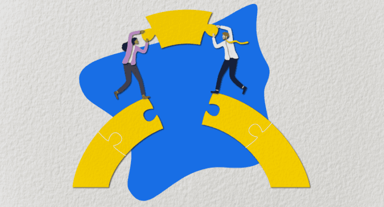 abstract illustration of two figures connecting a puzzle piece