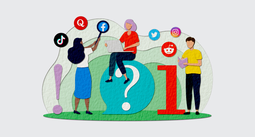 illustration of diverse people holding social media logos