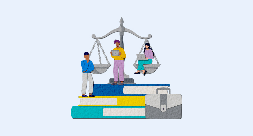 papercut illustration of students sitting on legal scales atop books