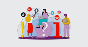 illustrations of colorful people and social media icons