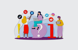 illustrations of colorful people and social media icons