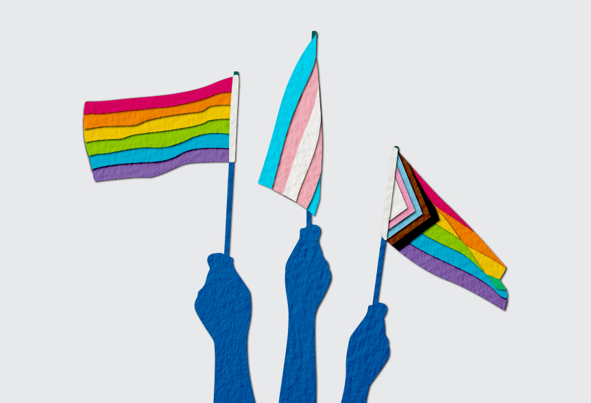 illustration of hands holding various pride month flags
