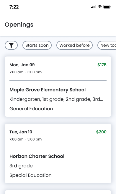 Swing Education mobile app showing substitute teacher job openings.