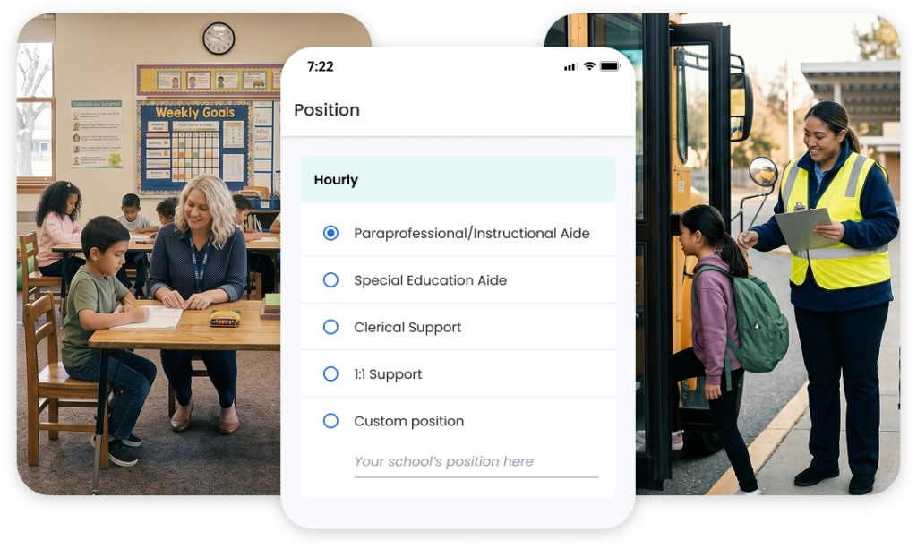 Paraprofessional aide and classified school staff working in K-12 school. Swing Education classified staff position request form showing paraprofessional special education clerical and custom roles.