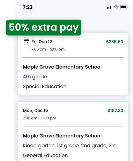 Swing Education extra substitute pay feature — 50% bonus absorbed by Swing not the district.