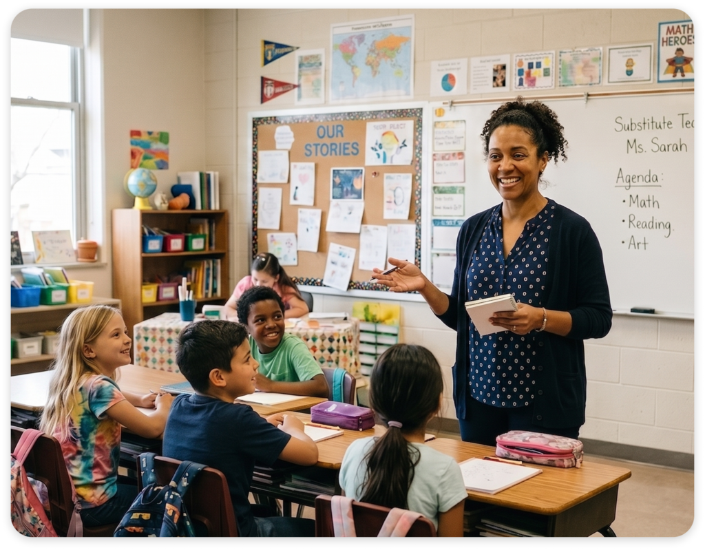 Substitute teacher smiling while working with elementary school students.