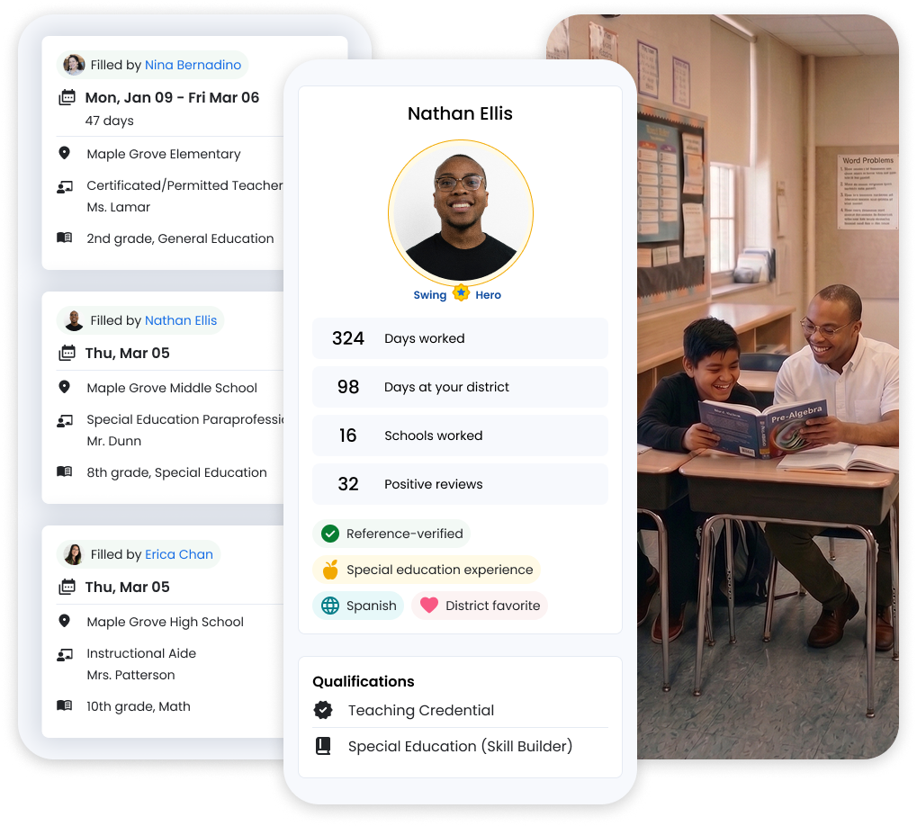 Swing Education substitute staffing platform dashboard for school districts