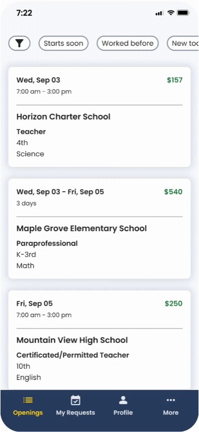 UI showing a sub scrolling opportunities and then selecting a job and signing up.