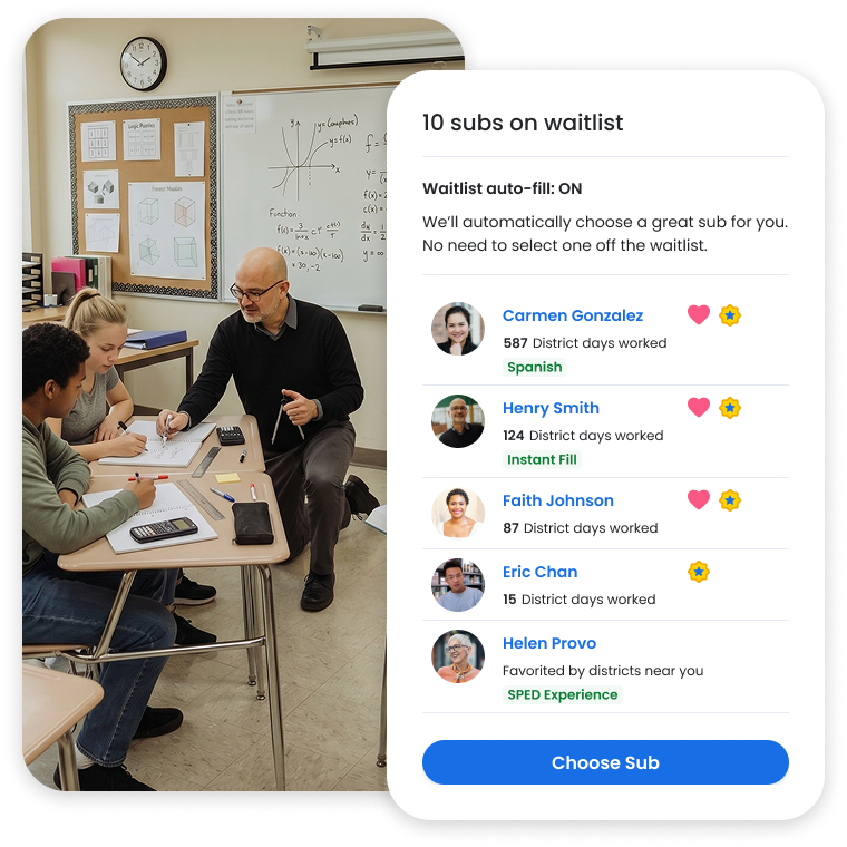 Long-term substitute teacher working with K-12 students in classroom. Swing Education long-term substitute teacher waitlist with ranked profiles and Swing Hero status.