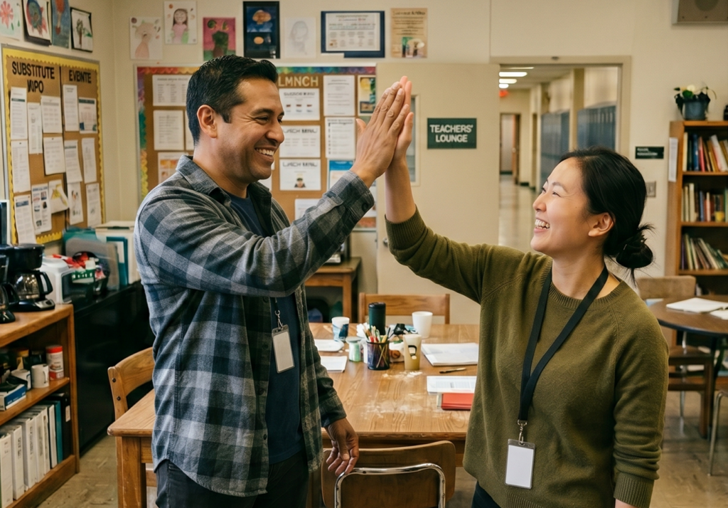 Substitute teachers celebrating Swing Education referral bonus program.