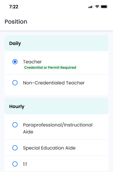 A list of different hourly and daily rate positions supported by Swing.