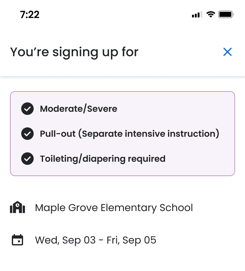 Swing Education special education substitute request showing IEP support level and environment settings.