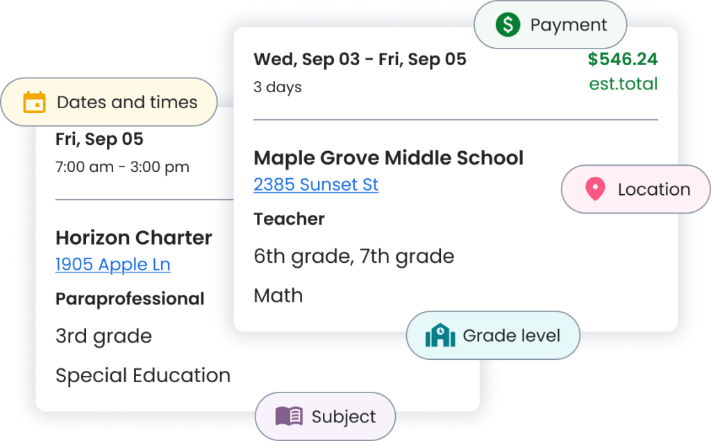 Swing Education substitute teacher app showing job listings and pay details.