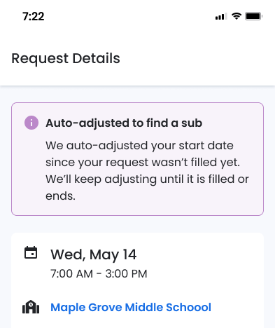 Swing Education long-term substitute request auto-fill feature staying open until filled.