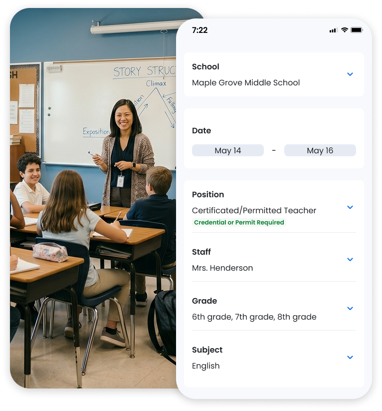 Swing Education certificated substitute teacher request form showing credential and grade filters and a certificated substitute teacher leading a K-12 classroom