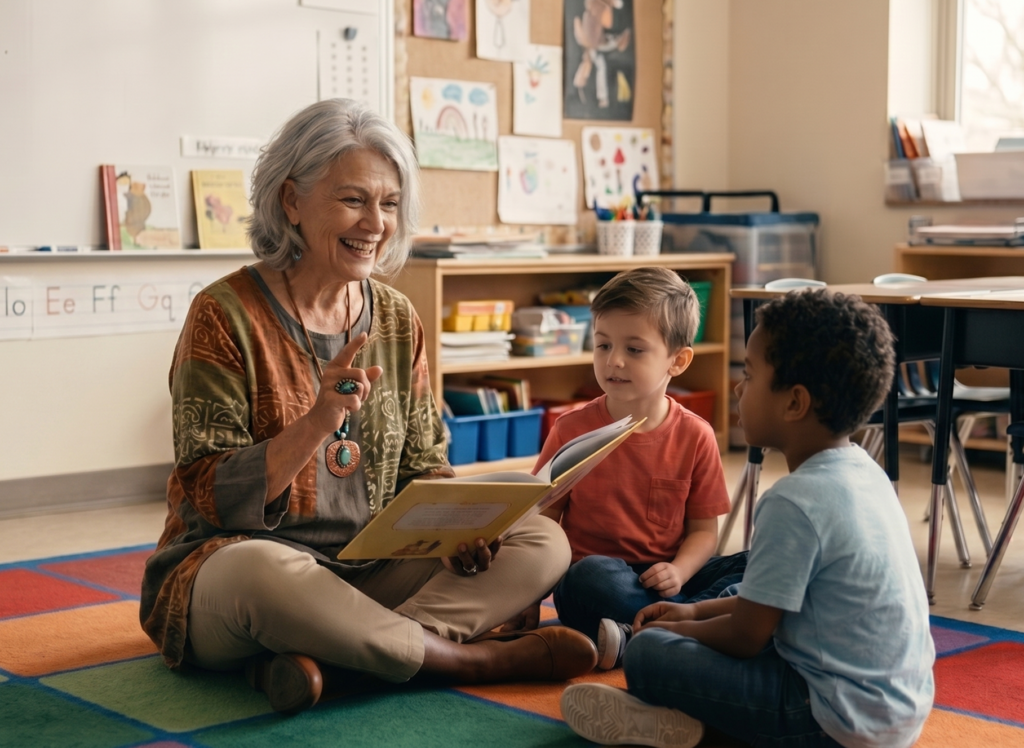 Early childhood education substitute teacher with young students.