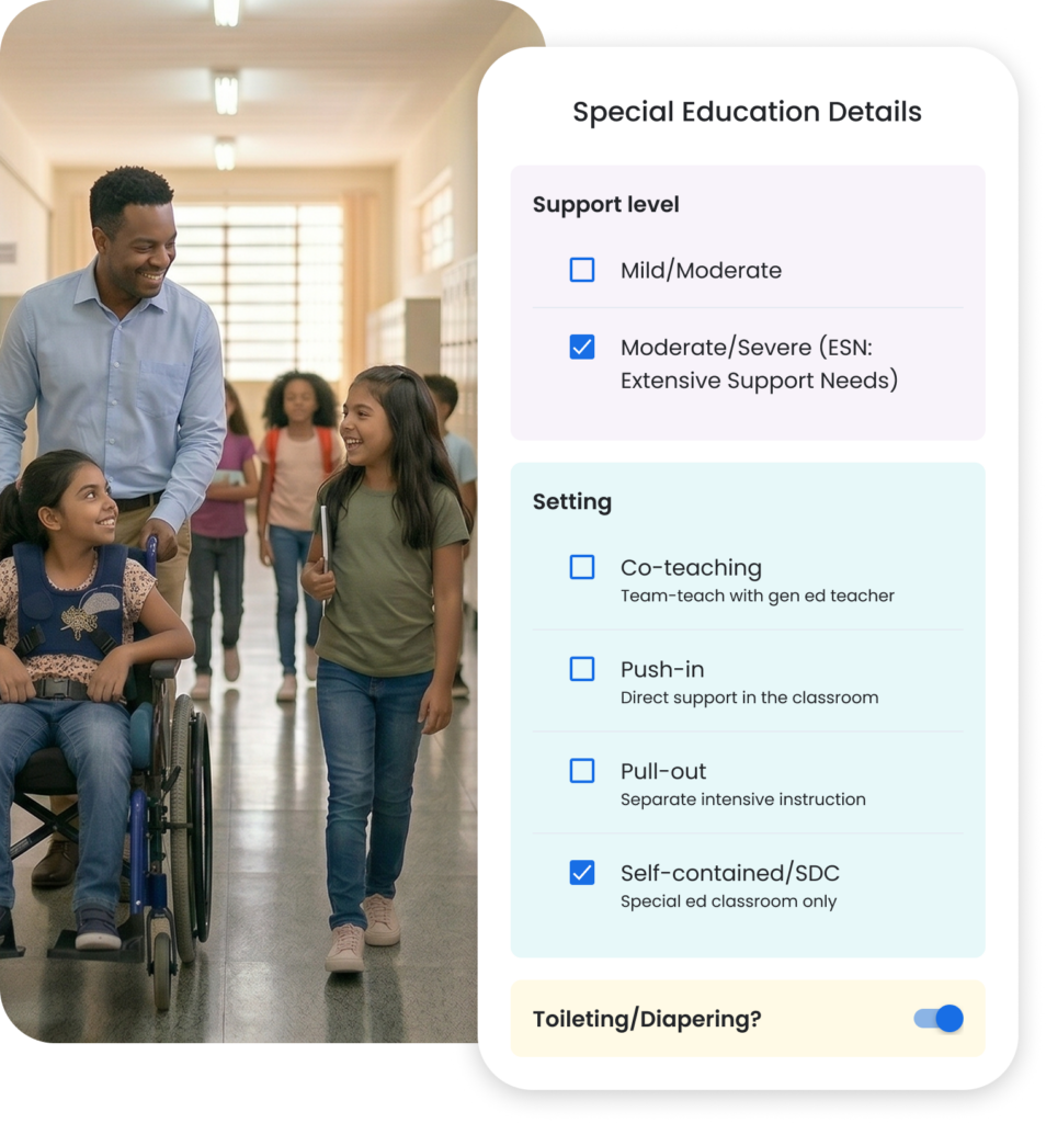 Swing Education special education substitute request form with support level and setting options. Special education substitute teacher working with students in K-12 school hallway.