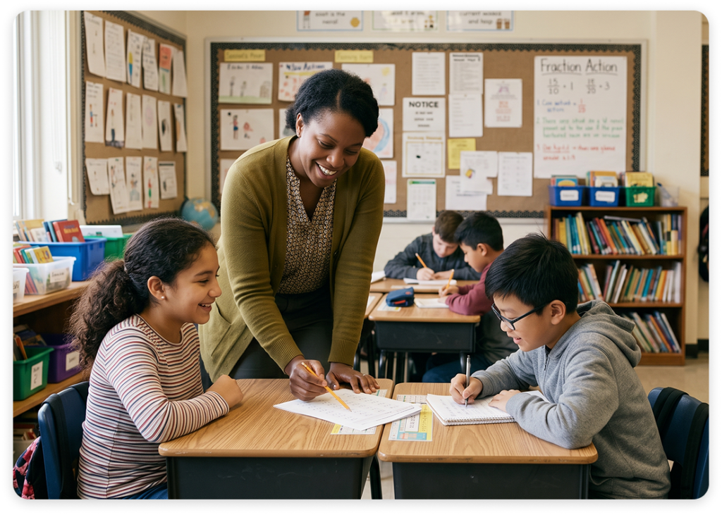 Substitute teacher helping two students.